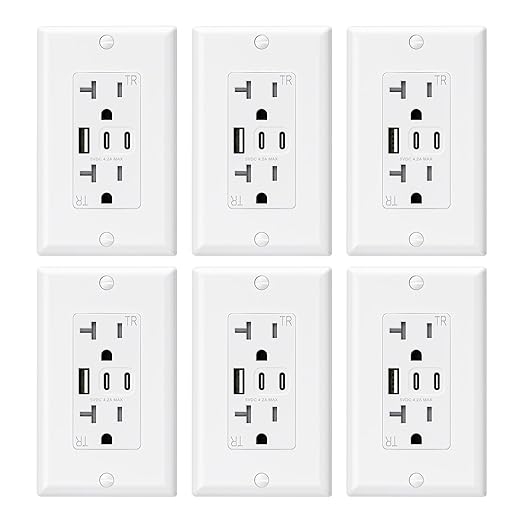 ELEGRP USB Outlets, 20 Amp Wall Outlet with 3 USB Ports, Dual USB C Ports Outlets, TR Tamper-Resistant USB Outlets Receptacles, Wall Plate Included, UL/CUL Listed, 6 Pack, White