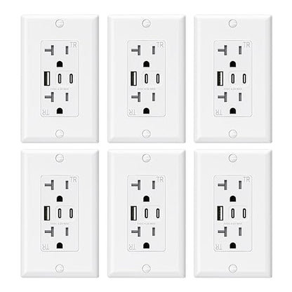 ELEGRP USB Outlets, 20 Amp Wall Outlet with 3 USB Ports, Dual USB C Ports Outlets, TR Tamper-Resistant USB Outlets Receptacles, Wall Plate Included, UL/CUL Listed, 6 Pack, White