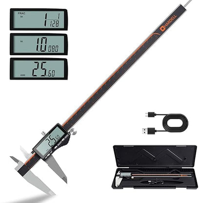 HARDELL Digital Caliper 12 Inch, Rechargeable Calipers with Large LCD Screen, Stainless Steel Digital Caliper Measuring Tool, Auto-Off, Inch/MM/Fraction for DIY/Household/3D-printing