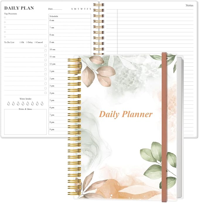 Daily Planner Undated - B5 To Do List Notebook Hourly Schedules, Spiral Appointment Planner for Women and Men, PVC Hardcover, Inner Pocket, Elastic Closure, 7" x 10", Rose Leaf