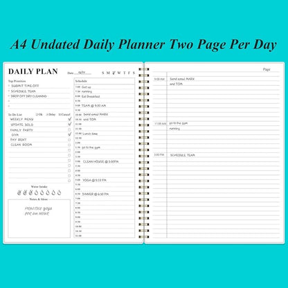 Daily Planner Undated - 8.5" x 11" To Do List Notebook Hourly Schedules, 150 Sheets/300 Pages Spiral Appointment Planner for Women and Men,PVC Hardcover, Inner Pocket, Elastic Closure, Teal Flowers