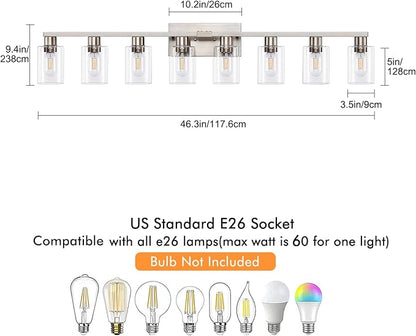 8 Light Bathroom Vanity Light, Large Brushed Nickel Vanity Lights Fixtures, Bathroom Lighting Fixture Over Mirror with Clear Glass Shade for Mirror, Bedroom, Living Room, Wall Lamp