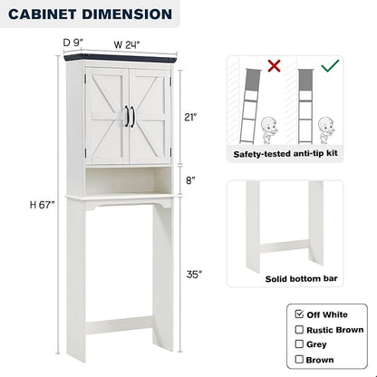 ACCOHOHO Over The Toilet Storage Cabinet, Farmhouse Bathroom Cabinet with Adjustable Shelf & Barn Door, 67" Tall Over The Toilet Shelf, Off White