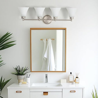 LOUSACE 4 Light Bathroom Vanity Light Brushed Nickel Bathroom Lighting Fixtures Over Mirror with Opal White Frosted Glass, Vintage Traditional Wall Lighting Fixture Satin Nickel Vanity Lights