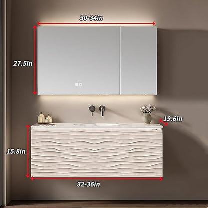 32IN Bathroom Vanity - Smart Defogging Mirror Cabinet | Waterproofing Technology & Wave Shaped Door Panel, Floating Bathroom Vanities with Large Storage Space (Mirror Cabinet)