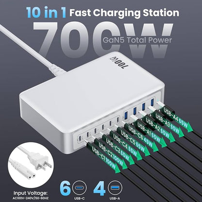 USB C Charger 700W USB C Charger Block,Upgraded GaN V 10-Port Fast Charging Station Hub,3X PD 100W Laptop Charging Adapter Compatible with MacBook Pro/Air,DELL,Steam Deck,iPhone 16/15/14,Galaxy S23