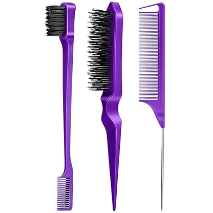 3 Pieces Hair Styling Comb Set Teasing Brush Rat Tail Comb Edge Brush for Edge&Back Brushing, Combing, Slicking Hair for Women (Purple)
