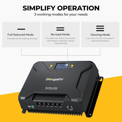 BougeRV Sunflow MPPT Solar Charge Controller 60A, w/Low-Temp Cut-Off, APP Control, Backlit LCD, 60 Amp Solar Panel Regulator 12V/24V for LiFePO4, SLD, Gel, FLD, AGM Battery, RV, Marine, Upgraded