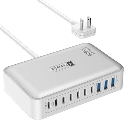Charging Station for Multiple Devices 500W, 10 Ports Charging Blocks for Laptops/Tablets/Cellphones, 140W Max GaN Charger Super Fast Charging for MacBook, Ipad, iPhone, Power Adapter for Travel