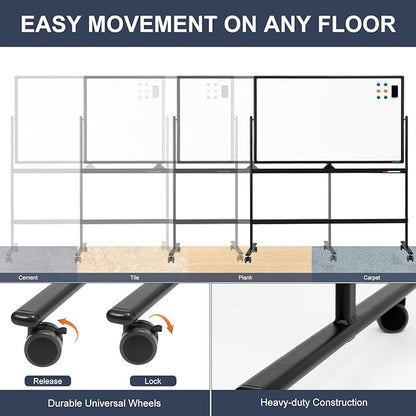 Dry Erase Whiteboard Easel on Wheels - TANKEE 70" x 36" Large Double Sided Mobile Whiteboard, Reversible Magnetic Rolling White Board for Home Office Classroom, Flip Chart Holders and Paper Pad
