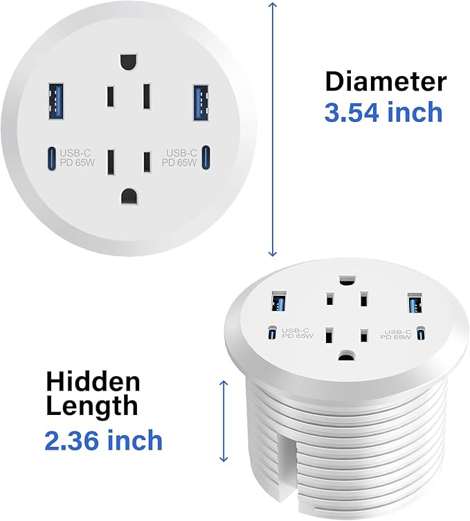 3 inch Desktop Power Grommet USB C,65W Fast Charging Station,Furniture Recessed Power Strip,2 Outlets,4 USB Ports,Flush-Mount for Desktop, Workspace Essential Desk Outlet,2 Pack (White)