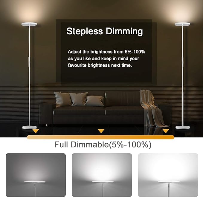 JOOFO Floor Lamp,30W/2400LM Sky LED Modern Torchiere 3 Color Temperatures Super Bright -Tall Standing Pole Light with Remote & Touch Control for Living Room,Bed Room,Office (Pearl White)