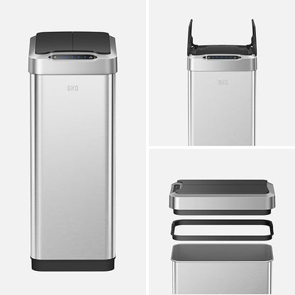 EKO Phantom-T 50 Liter / 13.2 Gallon Vertical Motion Sensor Trash Can, Brushed Stainless Steel Finish