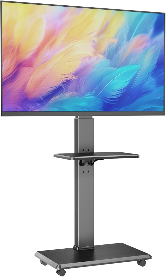 Rolling TV Stand, Mobile TV Cart for 32-75 Inch TVs up to 110 lbs, 18 Adjustable Heights, TV Floor Stand with Swivel Mount & Shelf, Max VESA 600x400mm, TV Stand on Wheels for Bedroom, Office, Outdoor