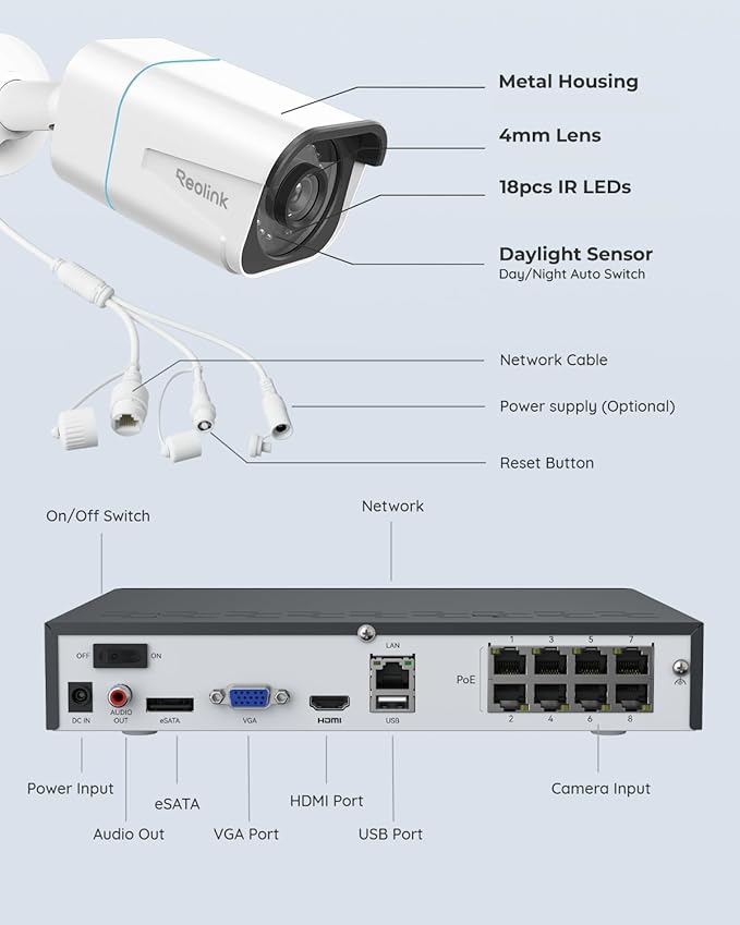 REOLINK 4K Security Camera System - H.265 4pcs PoE Security Cameras Wired with Person Vehicle Detection, 8MP/4K 8CH NVR with 2TB HDD for 24-7 Recording, RLK8-800B4