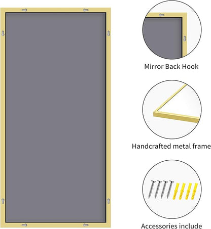 48x24In Gold Bathroom Mirror for Wall, Brushed Gold Rectangle Mirrors with Metal Frame, Bathroom Rectangular Mirror Modern Wall Mirror for Bedroom Living Room, Hangs Horizontal or Vertical