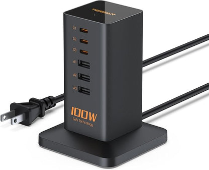 USB C Charger Blcok PD 100W, TESSAN 6-in-1 Charging Station for Multiple Devices, Desktop Tower Charger with 6 USB Ports for iPhone 17/16/15, MacBook, Tablet, Office Home Dorm Room Accessories