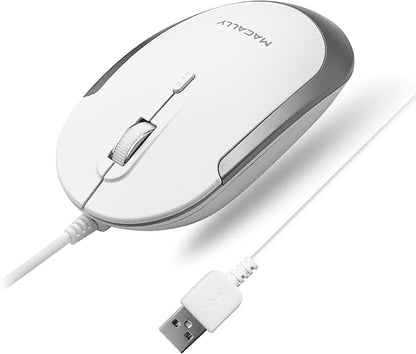 Macally Silent Wired Mouse - Slim & Compact USB Mouse for Apple Mac or Windows PC Laptop/Desktop - Designed with Optical Sensor & DPI Switch - Simple & Comfortable Wired Computer Mouse (White)