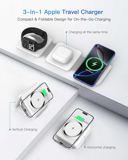 Charging Station for Apple Multiple Devices - 3 in 1 Foldable Magnetic Wireless Charger Dock - Travel Charging Pad for iPhone 16 15 14 13 12 Pro Max Plus Watch & Airpods