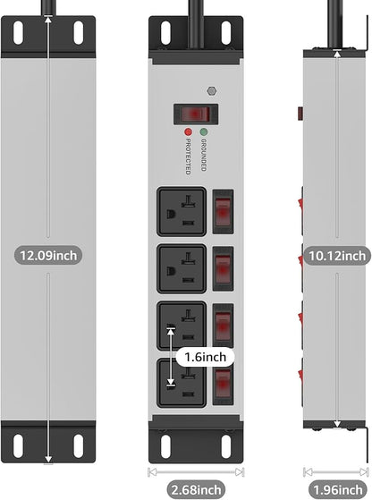 CCCEI Heavy Duty Surge Protector Power Strip 20 Amp Individual Switches. 4FT 12 Gauge Extension Cord with Multiple Outlets. Kitchen, Garage, Shop, Industrial Wall Mount Electric Extender, Grey.