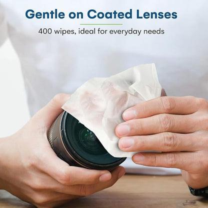 Care Touch Lens Wipes for Eyeglasses- 400 Count Individually Wrapped Pre- Moistened Wipes, 5 x 6 Inch- Camera Lens, Sunglasses and Glasses Cleaner,- Gentle and Portable for Cleaning of Optical Devices