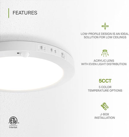 ASD LED 12" Round Flush Mount Ceiling Light Fixture, Low Profile Surface Lighting | 5CCT, Motion Sensored, Ultra-Thin, ETL Listed | 24W 1700LM 2700-6000K 120V | Kitchen, Hallway Lamp | White