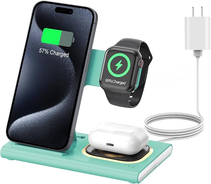 3 in 1 Charging Station for iPhone 17 - Wireless Charger for Apple Products for iPhone 17 16 15 14 13 12 11 Pro Max - Foldable Wireless Charging Station Dock Stand for iWatch Series & AirPods(Green)