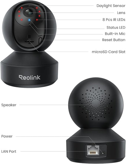 REOLINK E1 Pro(Black) 3K PT Wi-Fi Indoor Camera for Baby & Pet Monitoring, Auto Tracking, 5MP Night Vision Enhanced by F1.6 Aperture, Person/Pet/Baby Crying Detection, 2.4/5GHz Wi-Fi, Two-Way Audio
