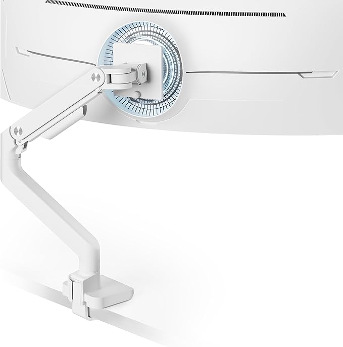 ARES WING Ultrawide Monitor Arm White for 17 to 49 Inch Heavy Duty Curved Screen, Holds 44 Lbs, Adjustable Gas Spring Monitor Arm Desk Mount with C Clamp, Grommet Base, 75/100 Vesa Mount