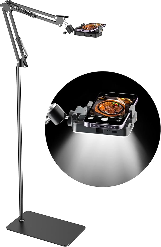 Floor Overhead Phone Tripod with Rechargeable Light for Cooking Videos, Move Around Phone Stand with Ring Light Content Creator Video Recording Selfie Photography TikTok Youtube Compatible with iPhone