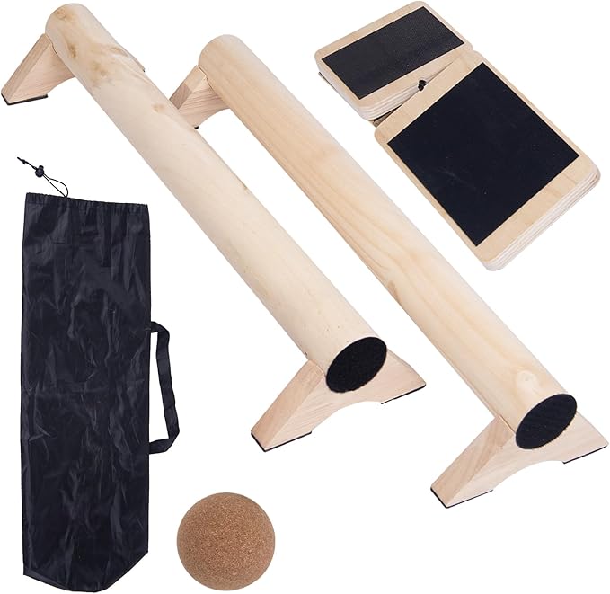 40-Inch Wooden Balance Beam Set, Two 20-Inch Connectable Sections, Natural Solid Wood Design, Includes Cork Massage Ball, Ankle Strengthener and Carry Bag for Home Training and Stability Practice