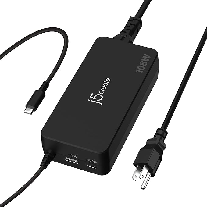 j5create 108W USB Type C PD Super Charger for MacBook Pro, Chromebook, Laptop, Notebook, Tablet, Android, iPhone, iPad Pro, Smart Phone (JUP34108)