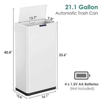 Arlopu Automatic Trash Can,Sensor Motion Stainless Steel Garbage Bin, Touchless Smart Waste Bin, W/Stay-Open, Soft Close Lid, Display Light for Kithchen, Living Room, Office (White, 18.5gal)