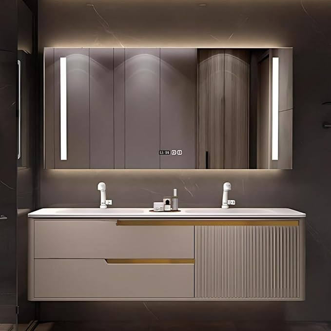 Bathroom Vanity with Double Sink - Smart Defogging Mirror & LED Lights on Both Sides, Floating Bath Sink Cabinet | 2 Drawers, Wave Shaped Panel (Khaki, 84IN)