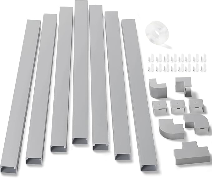 126in Cord Hider Kit, ZhiYo Wire Hiders for TV on Wall, Paintable Cable Management Kit, Wire Cover for Wall Mount TV, Grey Cable Raceway, Cord Cover Wall Wire Management Kit, 8xL15.7in W1.18in H0.67in