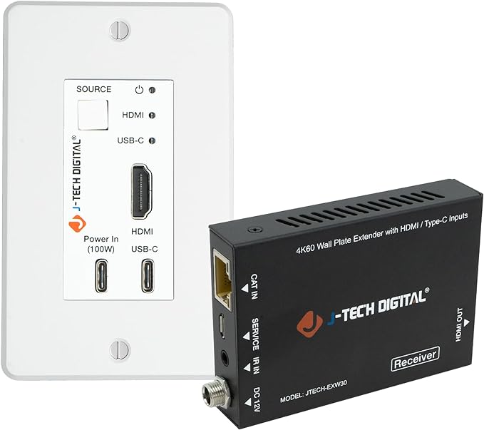 J-Tech Digital 4K HDMI & USB C Extender Over Single Cat5 5e 6 7 Cable, Up to 164ft Wall Plate Over Ethernet HDR Dolby Vision USB-C Charging Port, PoC, IR, Auto-Switch [JTECH-EXW30]