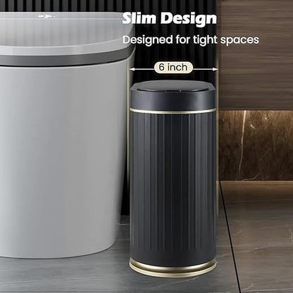 Bathroom Sensor Trash Can with Lid Automatic 2 Gallon Small Sensor Garbage Bin, 7.5 Liter Motion Sensor Smart Rubbish Bin Bathroom Decor, Slim Waterproof Plastic Garbage Can, Black Gold