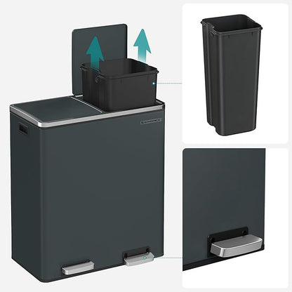 SONGMICS Trash Can, 2 x 8 Gallon (2 x 30 L) Garbage Can for Kitchen, with 15 Trash Bags, 2 Compartments, Plastic Inner Buckets and Hinged Lids, Airtight, Greenish-Gray ULTB60GS02