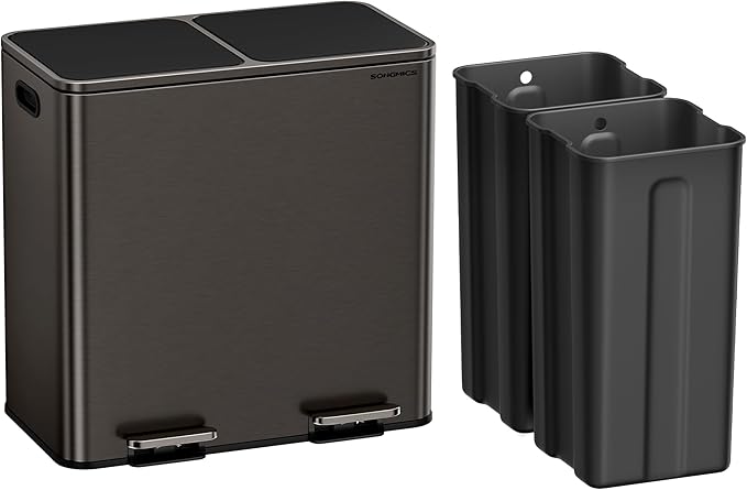 SONGMICS Trash Can, 2 x 10.6 Gallon (2 x 40 L) Garbage Can for Kitchen, with 15 Trash Bags, 2 Compartments, Plastic Inner Buckets and Hinged Lids, Airtight, Slate Gray ULTB730G01V1