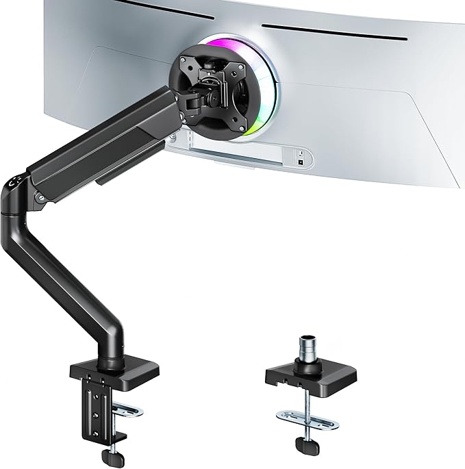 ARES WING Heavy Duty Single Monitor Arm - Fully Adjustable Monitor Mount for 40 34 32 27 Inch Ultrawide Screens Up to 26.4 lbs with Clamp/Grommet Desk Mount, 75/100 Vesa Mount, Black