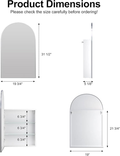 Arched Medicine Cabinet with Mirror,Brushed Nickel Mirror Cabinet with Storage,Adjustable Shelves, Wall Mounted Only, Modern Bathroom Storage,20x32 Inch
