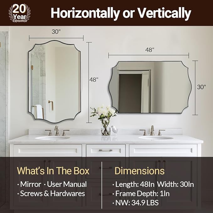 ANDY STAR 30x48 Inch Large Bathroom Mirror, Brushed Nickel Asymmetrical Mirror, Modern Rectangle Mirror with Unique Wavy Design, Premium Stainless Steel Metal, Wall-Mounted Vertically/Horizontally