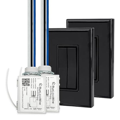 RunLessWire 3-Way Fan & Light Battery-Free DIY Kinetic Wireless Light Switch Kit for Bathrooms & Ceiling Fans: 2 Dual Remote Switches, Both Control 2 5A On/Off Receivers Separately – Black