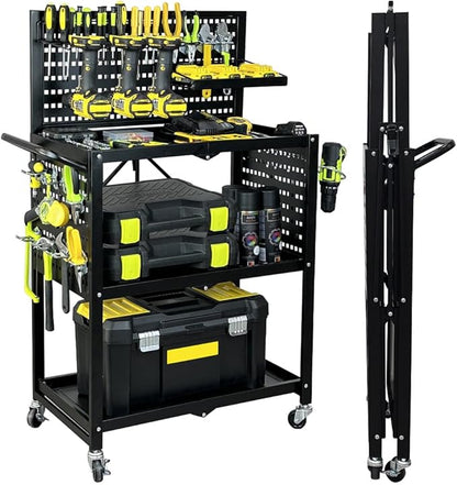 Lumizone Rolling Tool Cart with Wheels and Pegboard Hooks Folding Utility Service Cart for Garage Organizer Storage Foldable Power Tool Organization on Wheels Heavy Duty Frame (Tool Cart+Hooks)