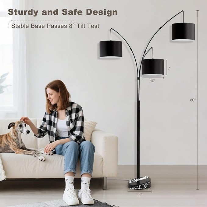Fansdrick Floor lamp with Remote, 3 Light Arc Floor Lamps for Living Room, 2400LM Tall Standing Floor Lamps with Black Shades, 80" Large Floor Lamp for Bedroom, Office