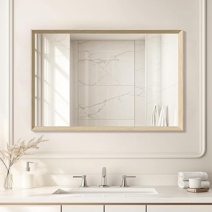 Oak Wood Effect Framed Wall Mirror, 24x36 Rectangle Mirror, 1/8" Anti-desilvering Tempered Glass, Sustainable& Sturdy Frame, Anti-Rust, HD Reflection &3min Fast Setup for Bathroom Living Room