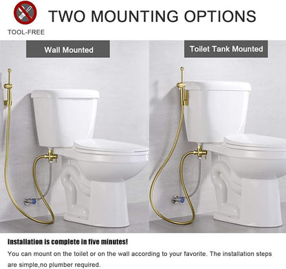 Handheld Bidet Toilet Sprayer, Brass Hand Held Bidet Attachment Cloth Diaper Toilet Sprayer with Backflow Preventer, Adjustable Water Jet Spray for Toilet with 7.9" Long Bidet Wand, Brushed Gold