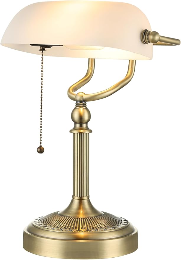 Newrays Glass Bankers Desk Lamp with Pull Chain Switch Plug in Fixture (Matted White +Green Bronze Base, Classic)