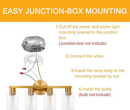 4 Light Gold Bathroom Vanity Light, Brushed Brass Bathroom Light Fixtures with Clear Glass Shade, Modern Wall Lamp Sconce Lighting for Bath Mirror Bedroom Living Room Hallway Porch