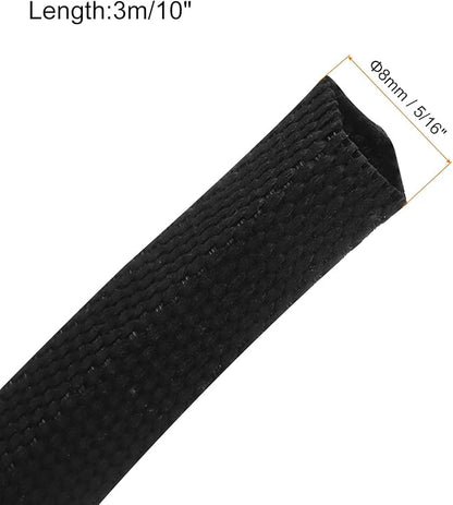 MECCANIXITY Braided Cable Sleeves Heat Shrinkable Fabric Sleeving, 5/16" 10ft Black 2:1 Ratio Heat Shrinkable Cord Protector for Harness Cable, Network Cable Protection, Cable Management